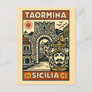Woodcut Red Yellow Taormina Sicily Porta Messina Postcard