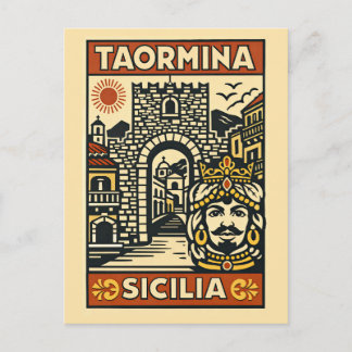 Woodcut Red Yellow Taormina Sicily Porta Messina Postcard