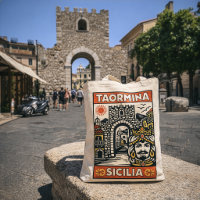 Woodcut Red Yellow Taormina Sicily Porta Messina