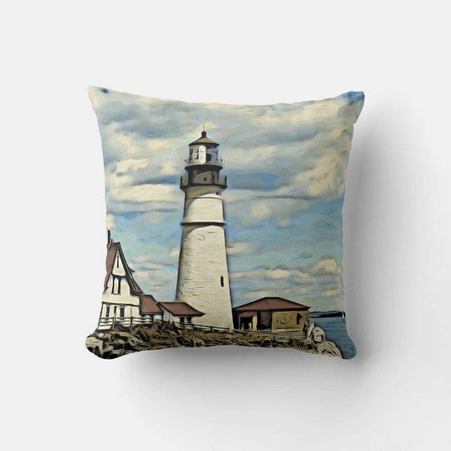 woodcut style art of lighthouse throw pillow (Front)