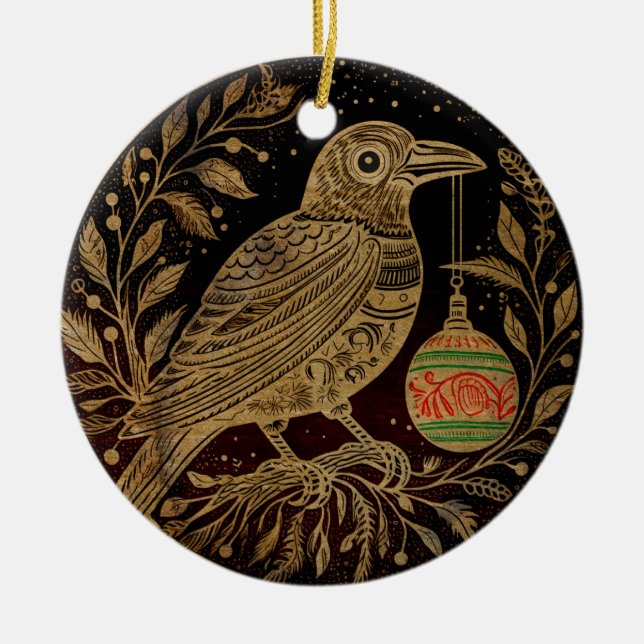 Woodcut Style Christmas Raven with Ornament (Front)