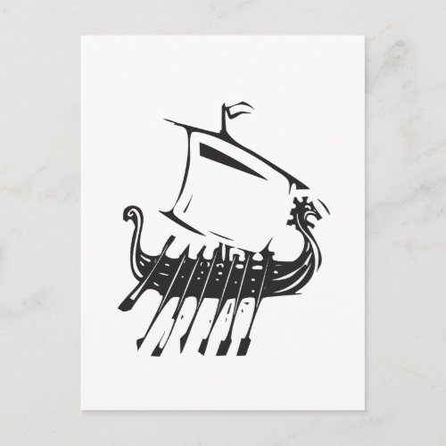Woodcut style image of a viking longship postcard