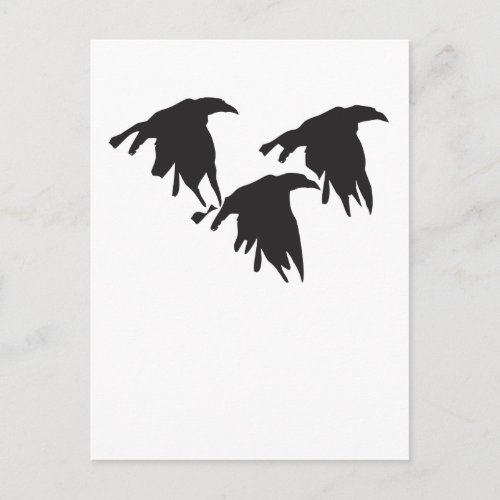 Woodcut style image of flying crows or ravens postcard