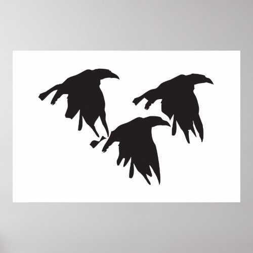 Woodcut style image of flying crows or ravens poster