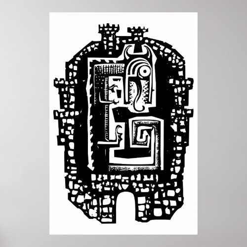 Woodcut style nordic Dragon in a ruined city Poster