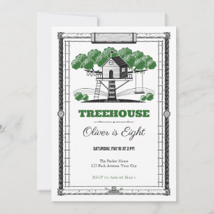 Woodcut Treehouse 8th Birthday Invitation