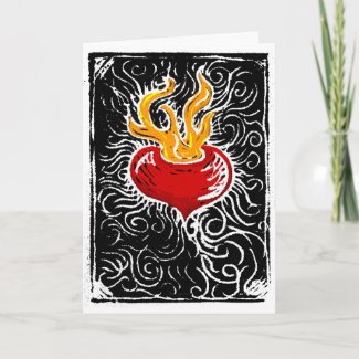 Woodcut Valentine - Flaming Heart Greeting Card