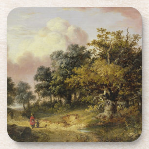 Wooded Landscape with Woman and Child Walking Down Beverage Coaster