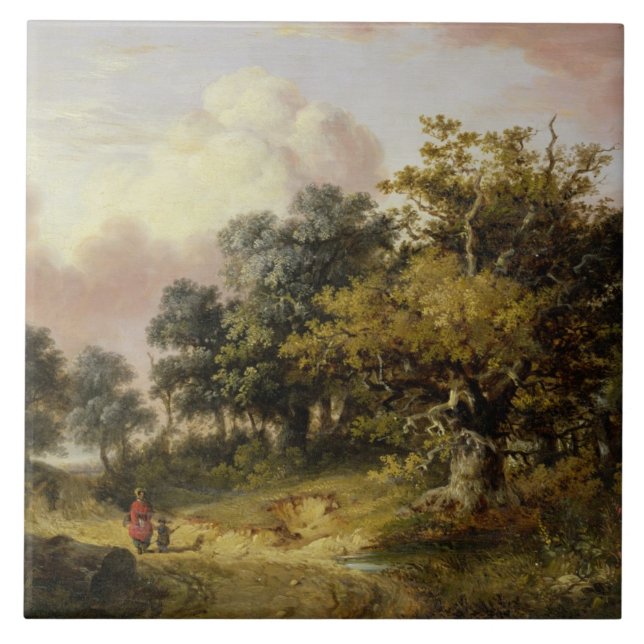 Wooded Landscape with Woman and Child Walking Down Ceramic Tile (Front)