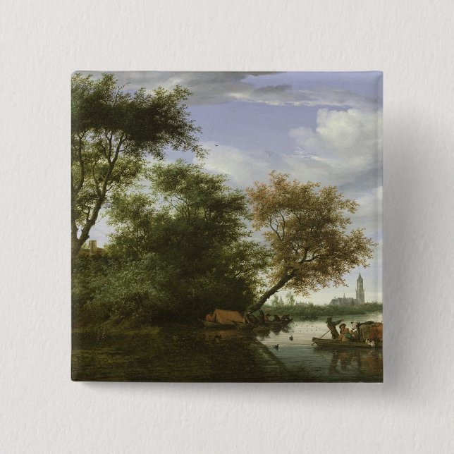 Wooded river landscape pinback button (Front)
