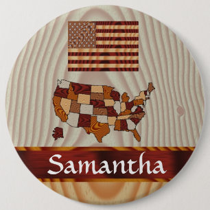 Wooden American flag and map Button