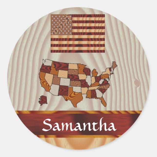 Wooden American flag and map Classic Round Sticker (Front)
