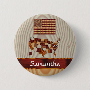 Wooden American flag and map Pinback Button
