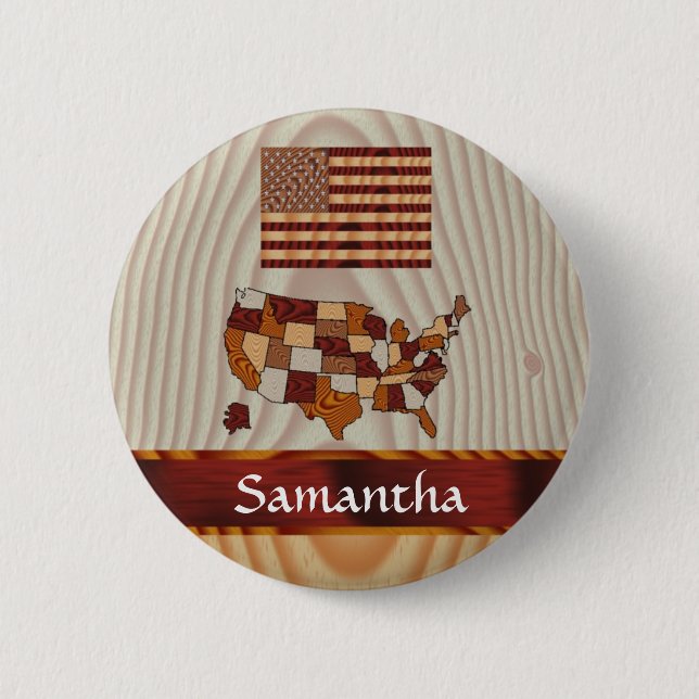 Wooden American flag and map Pinback Button (Front)