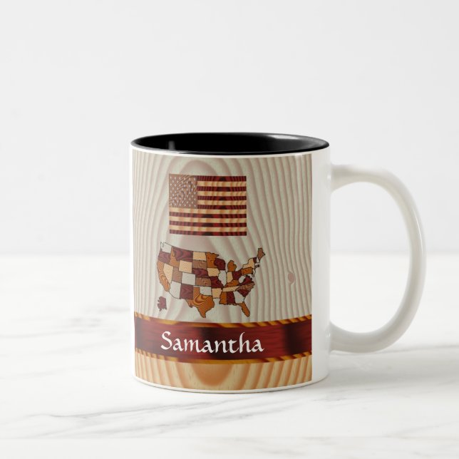 Wooden American flag and map Two-Tone Coffee Mug (Right)