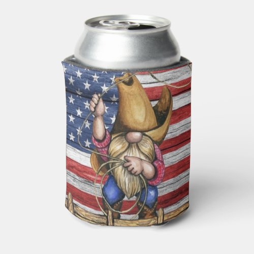 Wooden American Flag With Cowboy Gnome Can Cooler