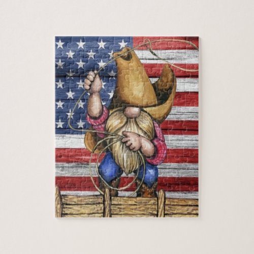 Wooden American Flag With Cowboy Gnome Jigsaw Puzzle