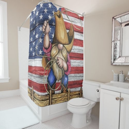 Wooden American Flag With Cowboy Gnome Shower Curtain