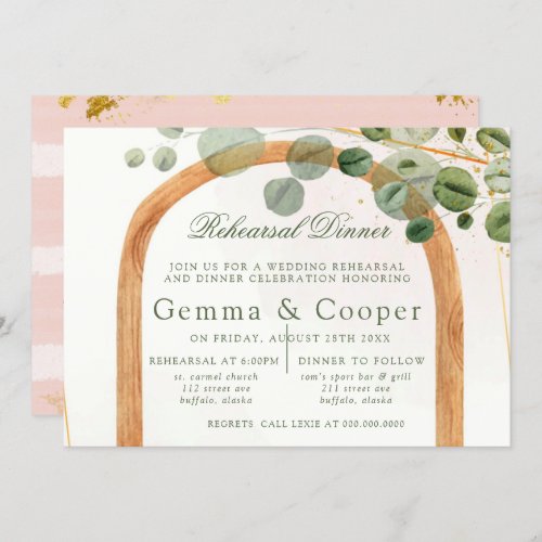 Wooden Arch Pink Eucalyptus Rehearsal Dinner  Invitation