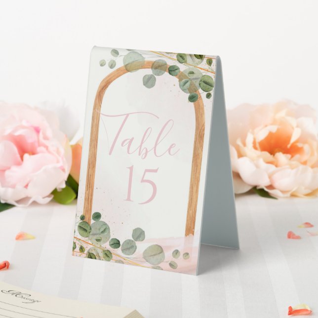 Wooden Arch Pink Eucalyptus Wedding Table Number Table Tent (In SItu (Wedding))