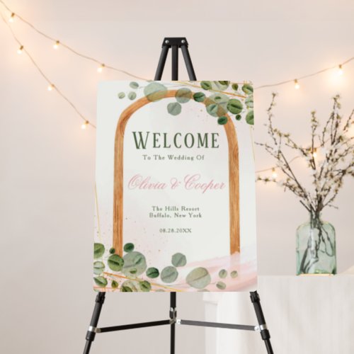 Wooden Arch Pink Eucalyptus Wedding Welcome Sign