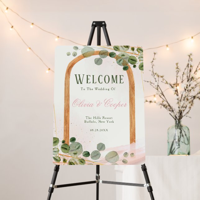 Wooden Arch Pink Eucalyptus Wedding Welcome Sign (In Situ (Stand))