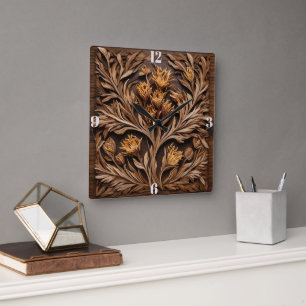 Wooden Australian Kangaroo Paw Flower Carving, Square Wall Clock