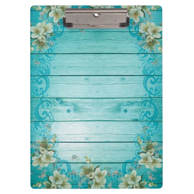 Wooden Background Modern Elegant Frame Flowers Clipboard (Front)