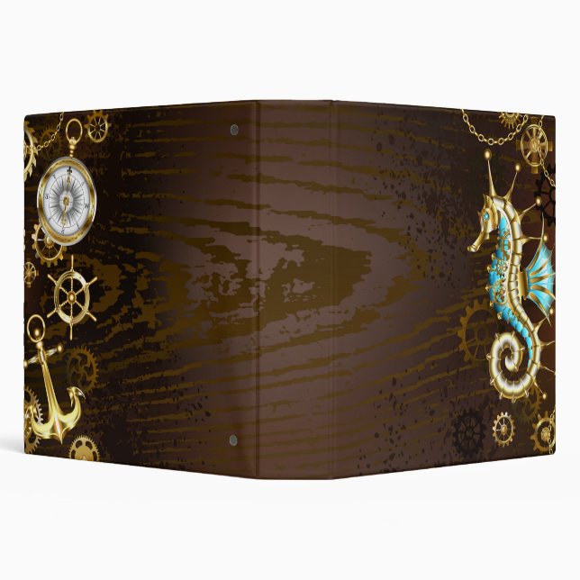 Wooden Background with Mechanical Seahorse 3 Ring Binder (Background)