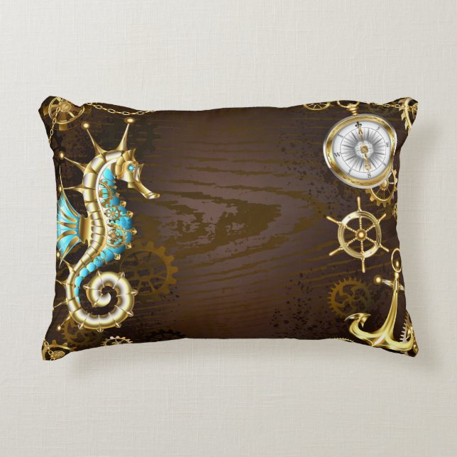 Wooden Background with Mechanical Seahorse Accent Pillow (Front)