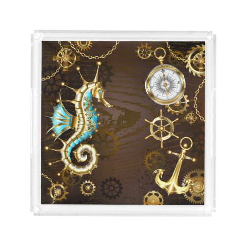 Wooden Background with Mechanical Seahorse Acrylic Tray