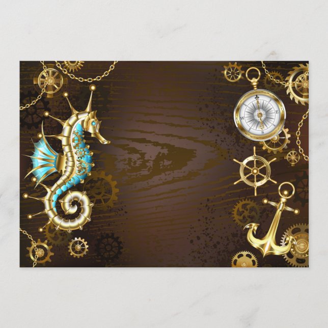 Wooden Background with Mechanical Seahorse Advice Card (Front)