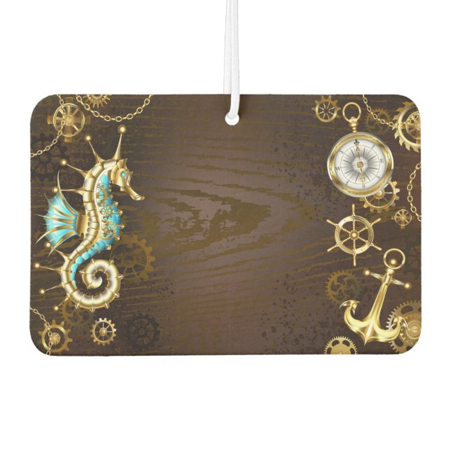 Wooden Background with Mechanical Seahorse Air Freshener (Front)
