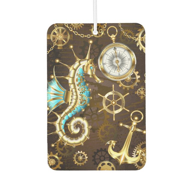 Wooden Background with Mechanical Seahorse Air Freshener (Front)