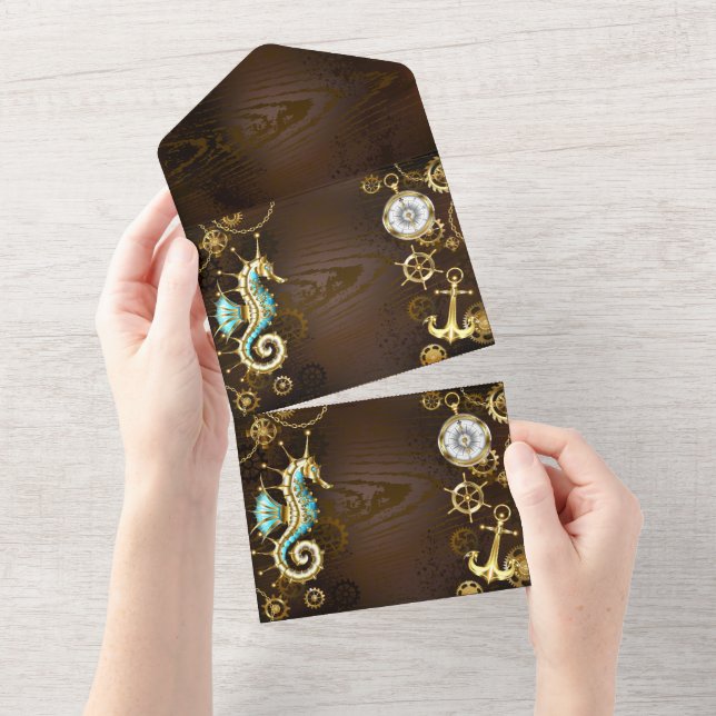 Wooden Background with Mechanical Seahorse All In One Invitation (Tearaway)