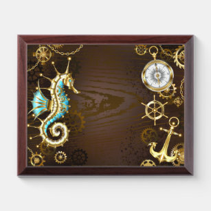 Wooden Background with Mechanical Seahorse Award Plaque