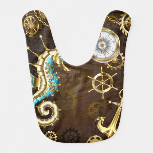 Wooden Background with Mechanical Seahorse Baby Bib