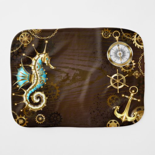 Wooden Background with Mechanical Seahorse Baby Burp Cloth