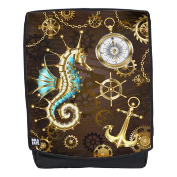 Wooden Background With Mechanical Seahorse Backpack by Blackmoon9 at Zazzle