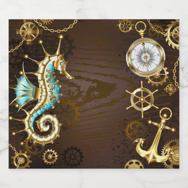 Wooden Background with Mechanical Seahorse Beer Bottle Label (Single Label)
