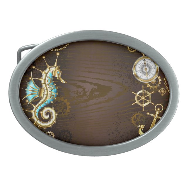 Wooden Background with Mechanical Seahorse Belt Buckle (Front)