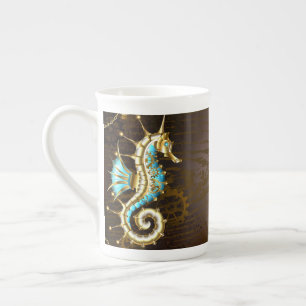 Wooden Background with Mechanical Seahorse Bone China Mug