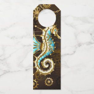 Wooden Background with Mechanical Seahorse Bottle Hanger Tag