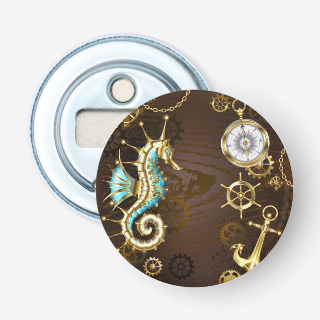 Wooden Background with Mechanical Seahorse Bottle Opener (Front)