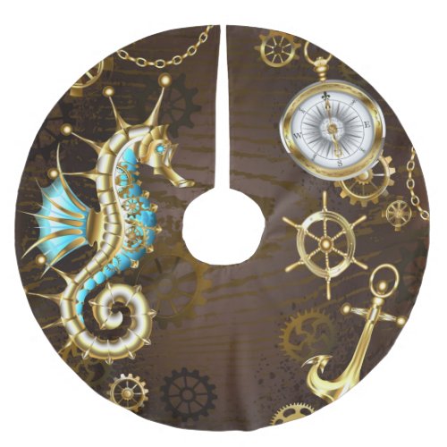 Wooden Background with Mechanical Seahorse Brushed Polyester Tree Skirt