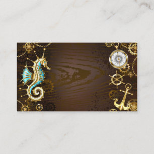 Wooden Background with Mechanical Seahorse Business Card