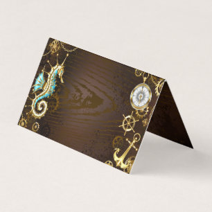 Wooden Background with Mechanical Seahorse Business Card