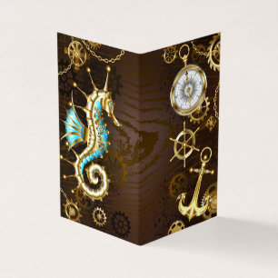 Wooden Background with Mechanical Seahorse Business Card