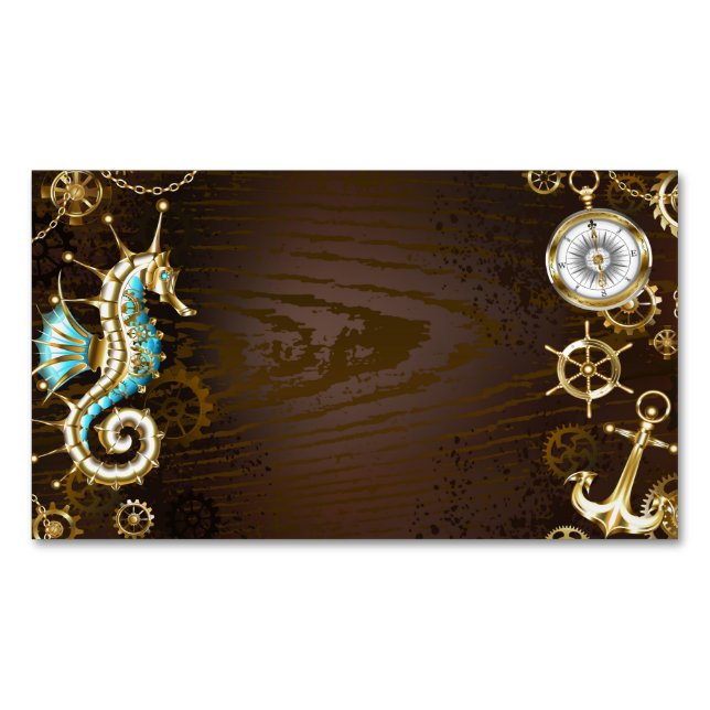 Wooden Background with Mechanical Seahorse Business Card Magnet (Front)
