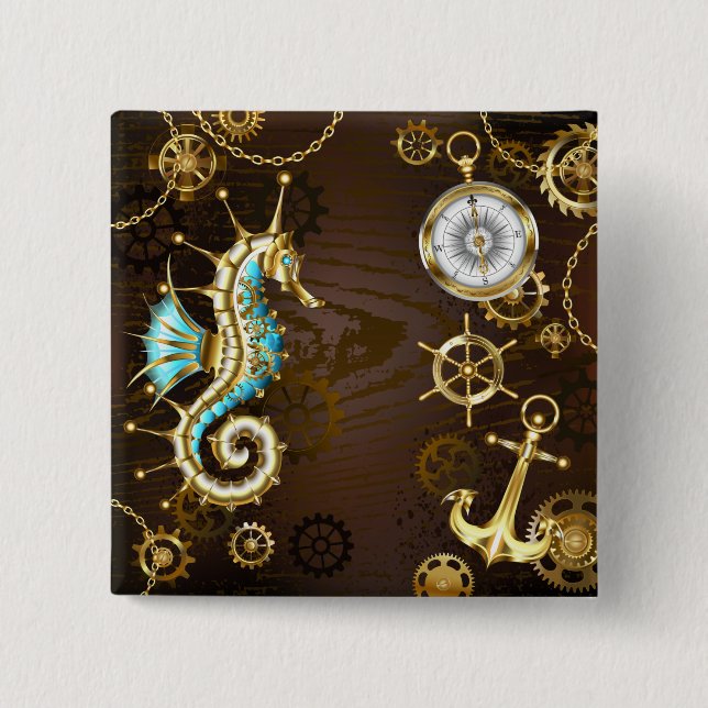 Wooden Background with Mechanical Seahorse Button (Front)